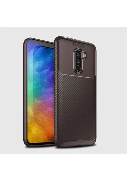 Case 4U Xiaomi Pocophone F1 Kılıf Karbon Desenli Sert Silikon Arka Kapak - Negro - Koyu Kahverengi