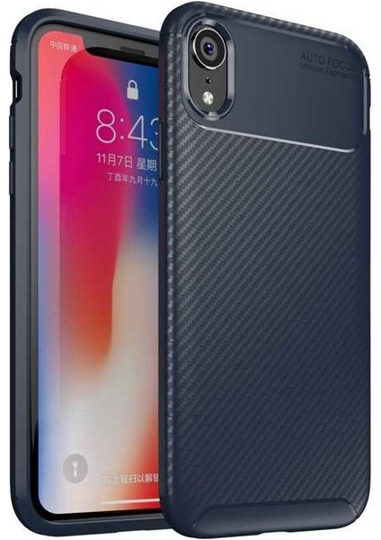 Apple iPhone XR Kılıf Rugged Armor Karbon Desenli Lüx Negro Silikon Arka Kapak Lacivert
