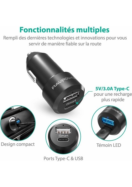 USB C & USB Araç Şarj Cihazı - iSmart 2.0, Type C USB