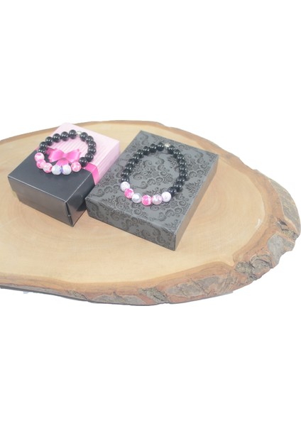 8 Mm Oniks Ve Pembe Damarlı Akik Anne-Çocuk Bileklik Doğaltaş Pembe Bileklik Rdeblk007