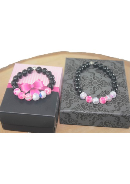 8 Mm Oniks Ve Pembe Damarlı Akik Anne-Çocuk Bileklik Doğaltaş Pembe Bileklik Rdeblk007 fiyatları