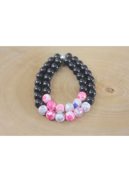 8 Mm Oniks Ve Pembe Damarlı Akik Anne-Çocuk Bileklik Doğaltaş Pembe Bileklik Rdeblk007 modelleri