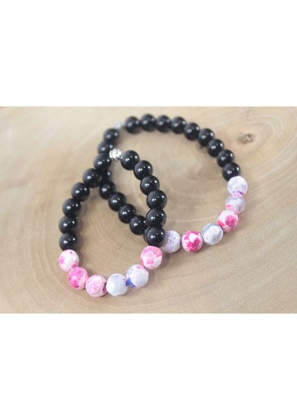 8 Mm Oniks Ve Pembe Damarlı Akik Anne-Çocuk Bileklik Doğaltaş Pembe Bileklik Rdeblk007 fırsatları