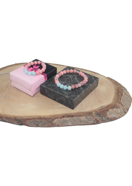 8 Mm Damarlı Açık Mavi Akik Ve Pembe Labradorit Anne-Çocuk Bileklik Doğaltaş Bileklik Rdeblk009