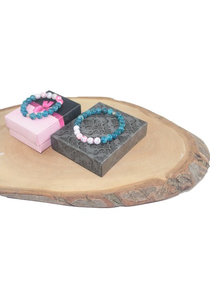 8 Mm Pembe Akik Ve Mavi Labradorit Anne-Çocuk Bileklik Doğaltaş Bileklik Rdeblk011