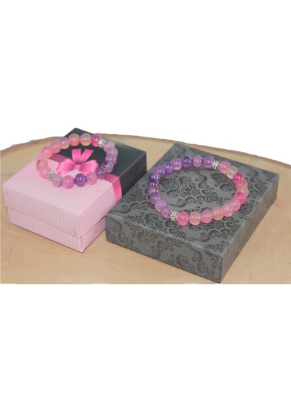 Pembe Ve Mor Akik Anne-Çocuk Bileklik Doğaltaş Bileklik Rdeblk014