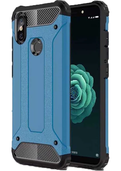 Case 4U Xiaomi Mi A2 Lite Kılıf Çift Katmanlı Zırh Koruma Silikon Arka Kapak - Tank - Mavi