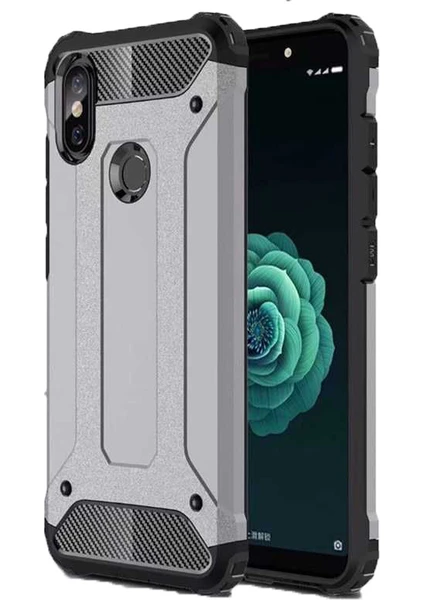 Case 4U Xiaomi Mi A2 Lite Kılıf Çift Katmanlı Zırh Koruma Silikon Arka Kapak - Tank - Gümüş