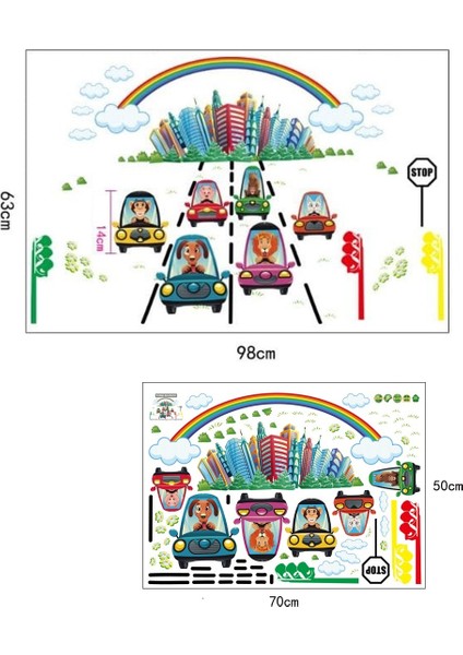 Taşıtlar ve Gökkuşağı Erkek Çocuk Odası Dekorasyonu Duvar Dekoru Sticker