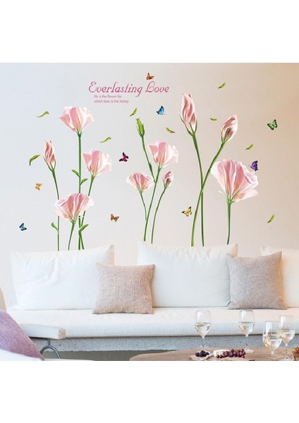 Lilyum Pembe Çiçekler Ev Dekorasyonu Salon Dekoru Duvar Sticker