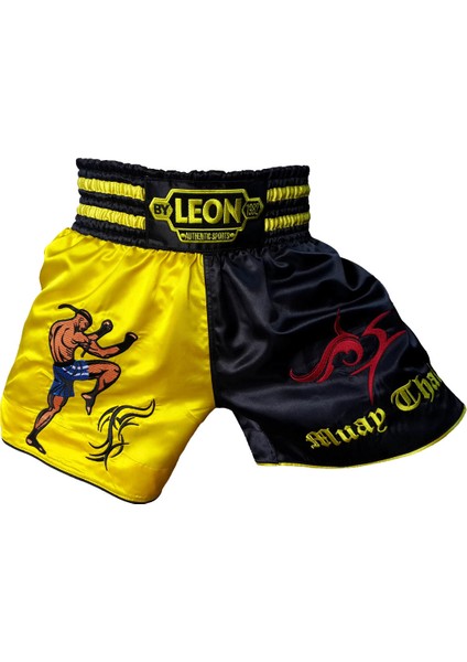 Leon Warrior Profesyonel Muay Thai ve Kick Boks Şortu Sarı Siyah Renkli BYL1005