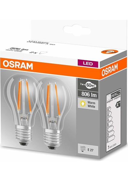 Led Base Filamanlı 7W Sarı Işık E-27 806lm Ampul 2 li Paket