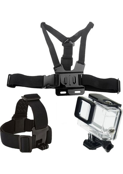 GO200 Kafa Bantlı Göğüs Kemerli ve GoPro Hero 5/6/7 Su Geçirmez Kılıf 5 Parça Aksesuar Seti