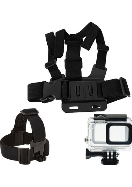 GO200 Kafa Bantlı Göğüs Kemerli ve GoPro Hero 5/6/7 Su Geçirmez Kılıf 5 Parça Aksesuar Seti