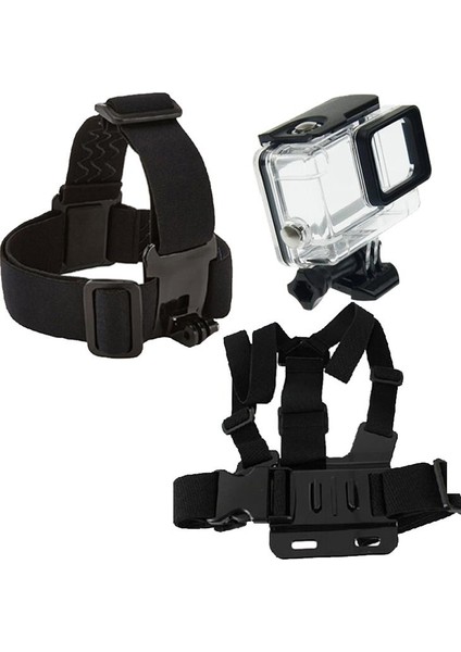 GO200 Kafa Bantlı Göğüs Kemerli ve GoPro Hero 5/6/7 Su Geçirmez Kılıf 5 Parça Aksesuar Seti