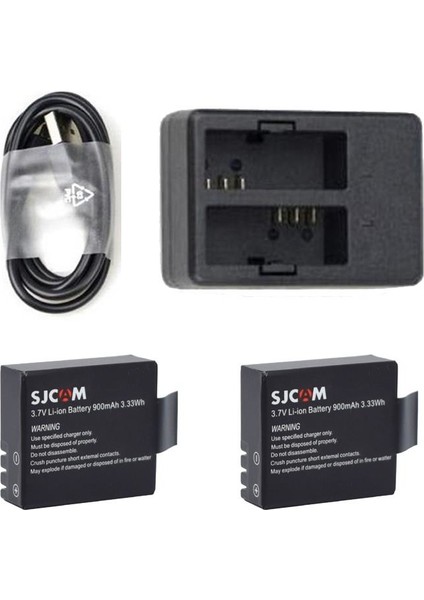 SJCAM Aksiyon Kamera Çiftli USB Şarj İstasyonlu Çift Yedek Batarya Pakedi 3lü Şarj Aleti Seti