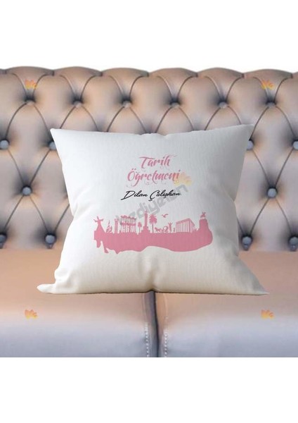 Tarih Öğretmenine Hediye Pembe Tasarım Yastık