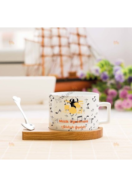 Müzik Öğretmenine Hediye Bateri Tasarım Stantlı Fincan