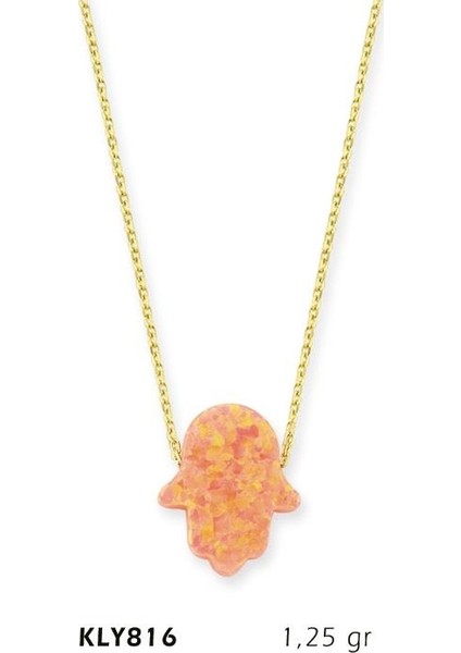 14 Ayar Altın Pembe Opal Taşlı Fatma Eli Kolye Kly816