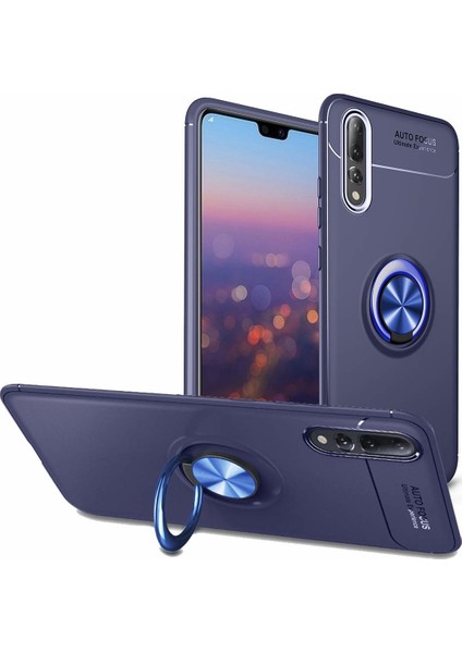 Huawei P20 Pro Kılıf Autofocus Shockprof Ravel Yüzüklü Standlı Slikon Kapak Lacivert