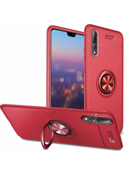 Case 4U Huawei P20 Pro Kılıf Autofocus Shockprof Ravel Yüzüklü Standlı Slikon Kapak Kırmızı