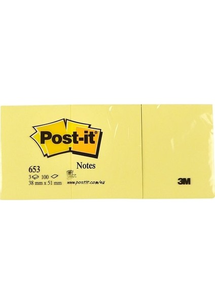 3M Post-it 653 Yapışkanlı Not Kağıdı 38 mm x 51 mm Sarı 3x100 Yaprak