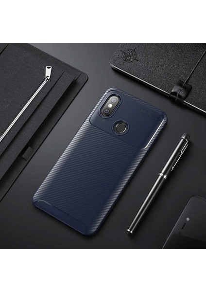 Xiaomi Mi Max 3 Kılıf Negro Karbon Dizayn + Nano Glass + Kalem Lacivert