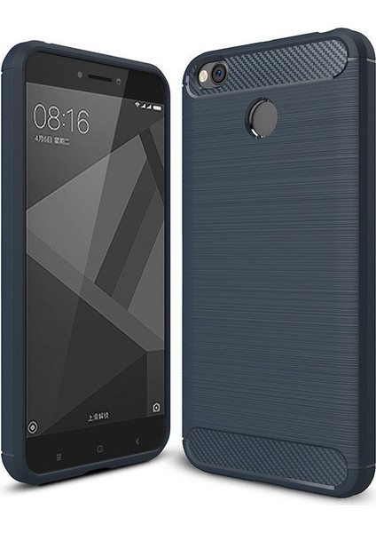 Xiaomi Redmi 4X Kılıf Karbon Fiber Room Silikon Kapak Kılıf + Cam Lacivert