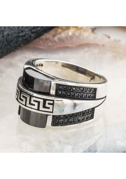 Oval Siyah Zirkon Taşlı Gümüş Erkek Yüzük