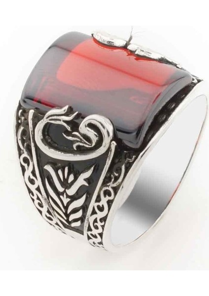 Vav Figürlü Kırmızı Taşlı Gümüş erkek Yüzük