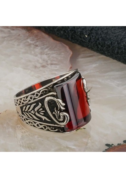 Vav Figürlü Kırmızı Taşlı Gümüş erkek Yüzük fiyatları