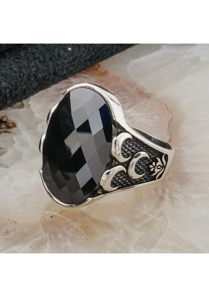 Siyah Zirkon Taşlı 3 hilal detaylı Gümüş Erkek Yüzük modelleri