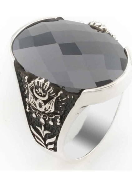 925 Ayar Gümüş Siyah Zirkon Taşlı Osmanlı Armalı Erkek Yüzük