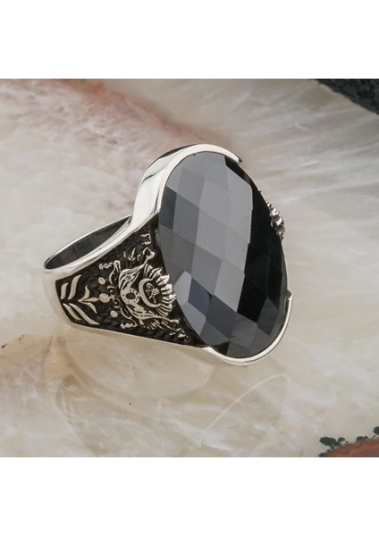 925 Ayar Gümüş Siyah Zirkon Taşlı Osmanlı Armalı Erkek Yüzük fiyatları