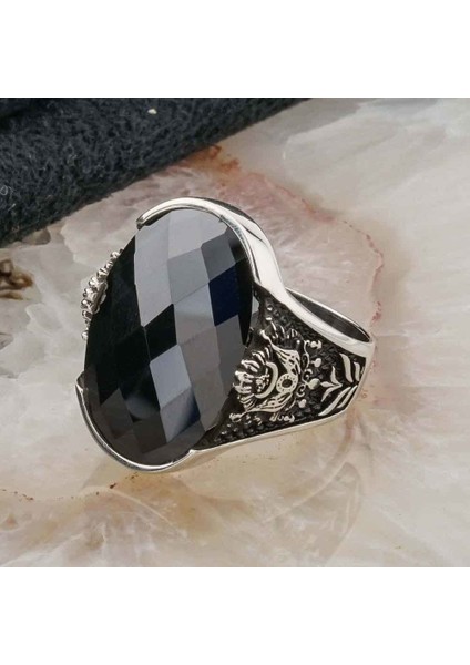 925 Ayar Gümüş Siyah Zirkon Taşlı Osmanlı Armalı Erkek Yüzük modelleri