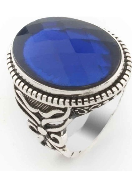 925 Ayar Gümüş Mavi Oval Zirkon Taşlı Erkek Yüzük