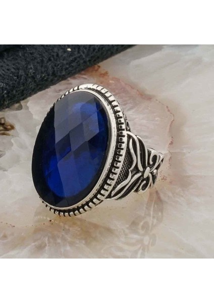 925 Ayar Gümüş Mavi Oval Zirkon Taşlı Erkek Yüzük modelleri