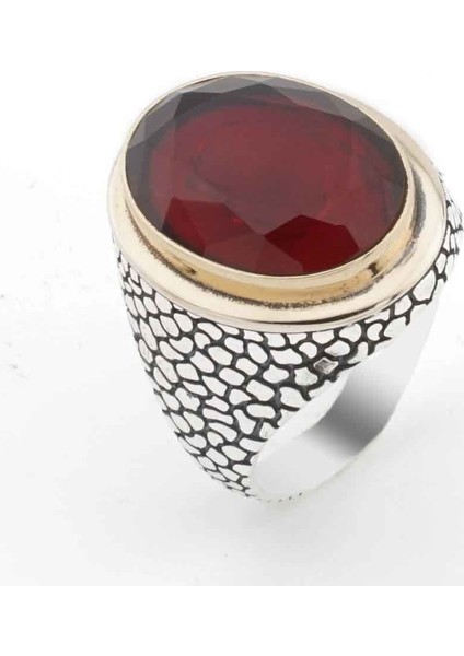 925 ayar Gümüş Oval Kırmızı Zirkon Taşlı Desenli Erkek Yüzük