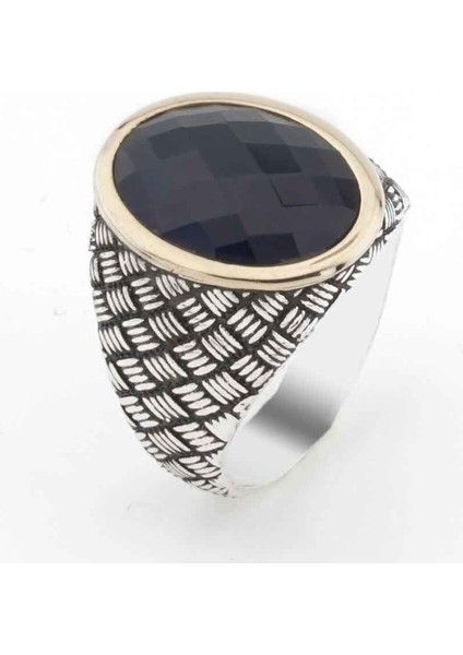 925 Ayar Gümüş Mavi Taşlı Desenli Erkek Yüzük