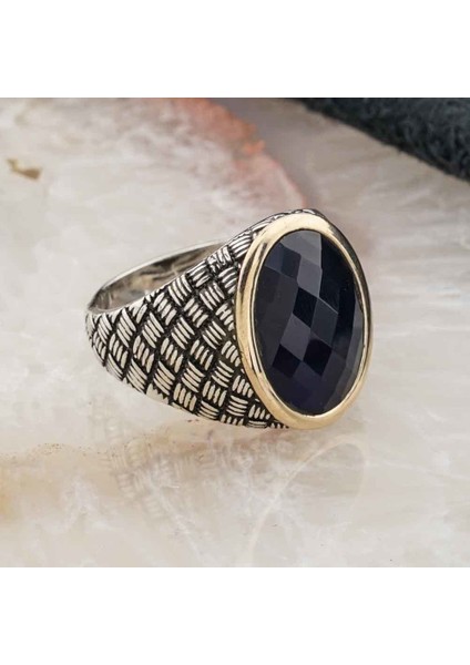 925 Ayar Gümüş Mavi Taşlı Desenli Erkek Yüzük fiyatları