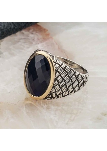 925 Ayar Gümüş Mavi Taşlı Desenli Erkek Yüzük modelleri