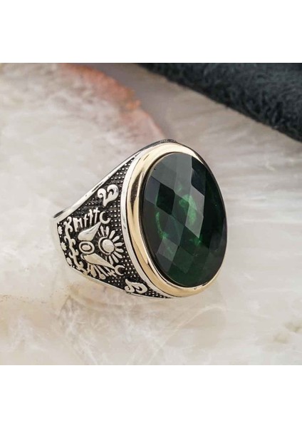 Oval Yeşil Zirkon Taşlı Osmanlı Arma Detaylı Yüzük fiyatları