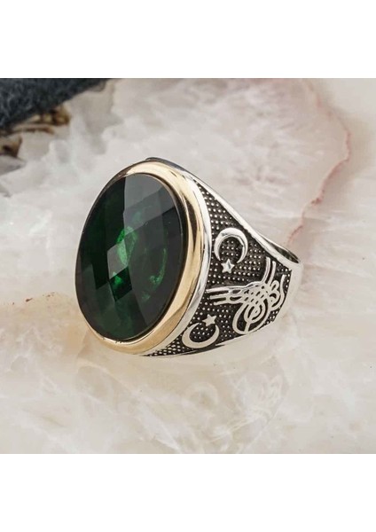 Oval Yeşil Zirkon Taşlı Osmanlı Arma Detaylı Yüzük modelleri