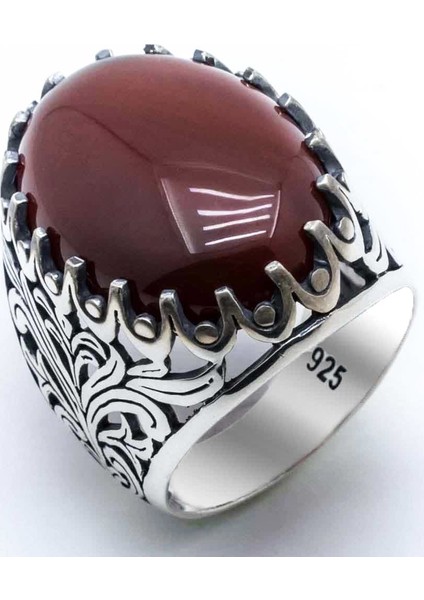 925 Ayar Gümüş Bordo Akik Taşlı Yüzük