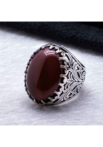 925 Ayar Gümüş Bordo Akik Taşlı Yüzük fiyatları
