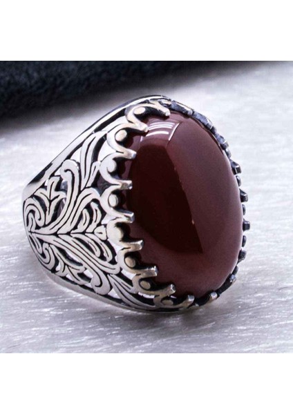 925 Ayar Gümüş Bordo Akik Taşlı Yüzük modelleri