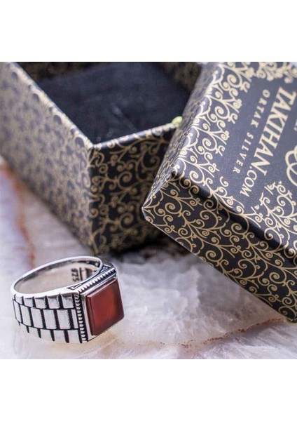 925 Ayar Gümüş Kare Akik Taşlı Rolex işlemeli Yüzük