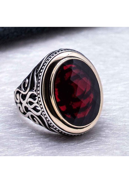 925 Ayar Gümüş Kırmızı Oval Zirkon Taşlı Yüzük