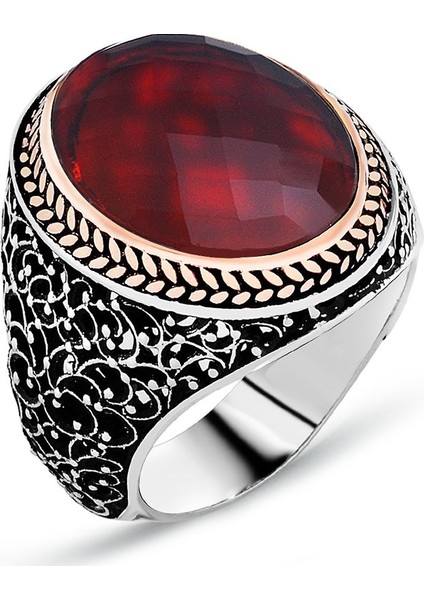 925 Ayar Gümüş Kırmızı Zirkon Taşlı Erkek Yüzük