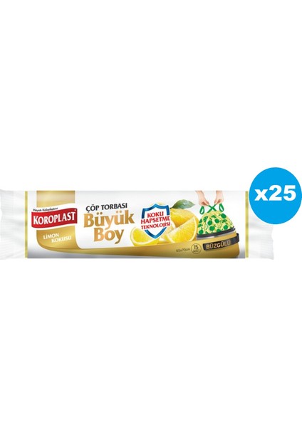 Limon Kokulu Büzgülü Büyük Çöp Torbası 15 x 25 Paket